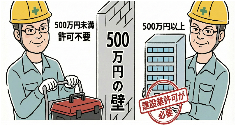 建設業許可要否の５００万円の壁のイラスト画像