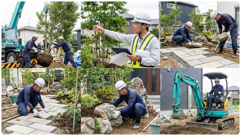 造園工事現場と造園工事施工管理技士・造園技能士の画像